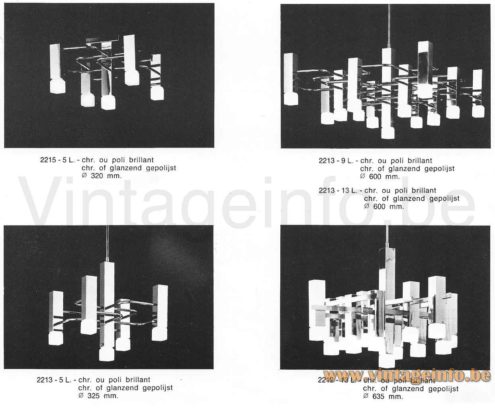 Boulanger square tubes chandelier 1970s catalogue picture models 2212, 2213 & 2215 flush mount