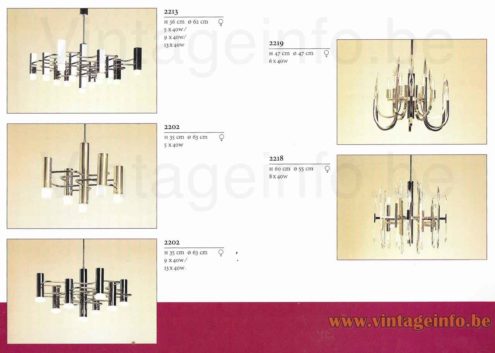 Boulanger square tubes chandelier 1980s catalogue picture models 2213, 2219, 2202, 2218, 2219