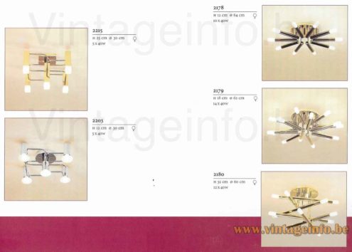 Boulanger square tubes chandelier 1980s catalogue picture flush mounts models 2215, 2203, 2178, 2179, 2180