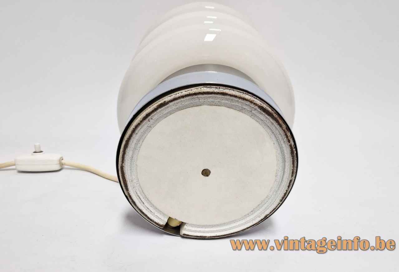 1970s Brumberg table lamp round chrome base white opal glass rings & globe lampshade Germany bottom