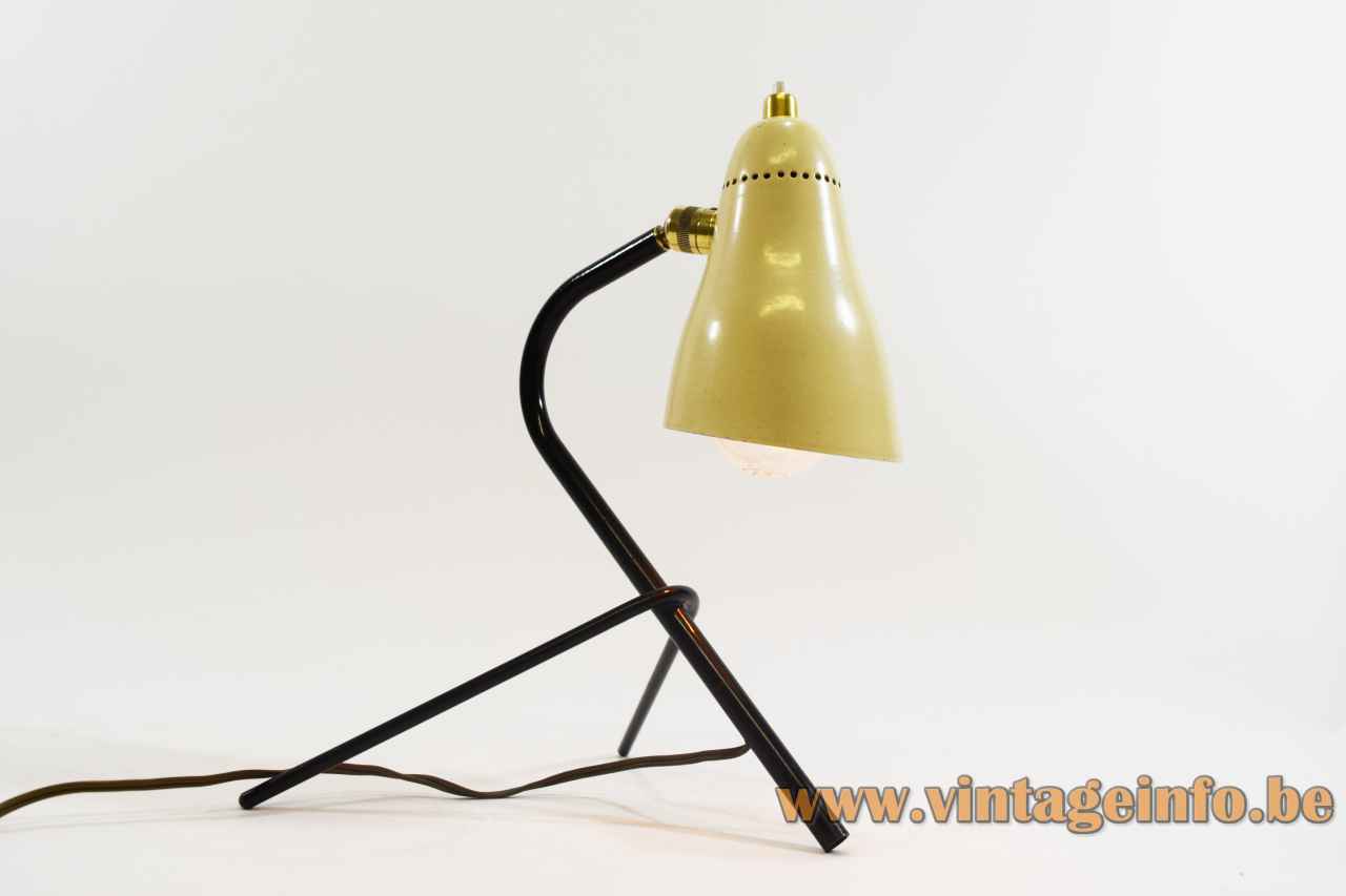 Oluce 1950s tripod desk lamp black metal rods conical perforated lampshade design: Angelo Ostuni Italy 1960s