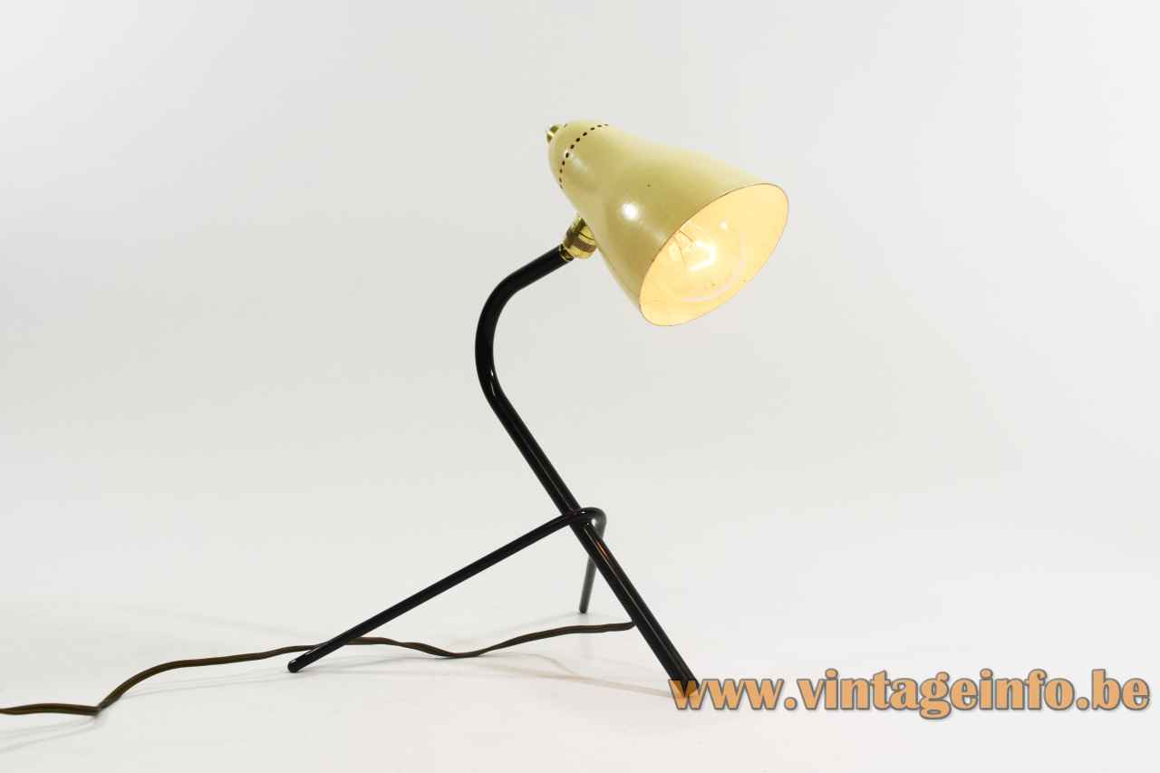 Oluce 1950s tripod desk lamp black metal rods conical perforated lampshade design: Angelo Ostuni Italy 1960s