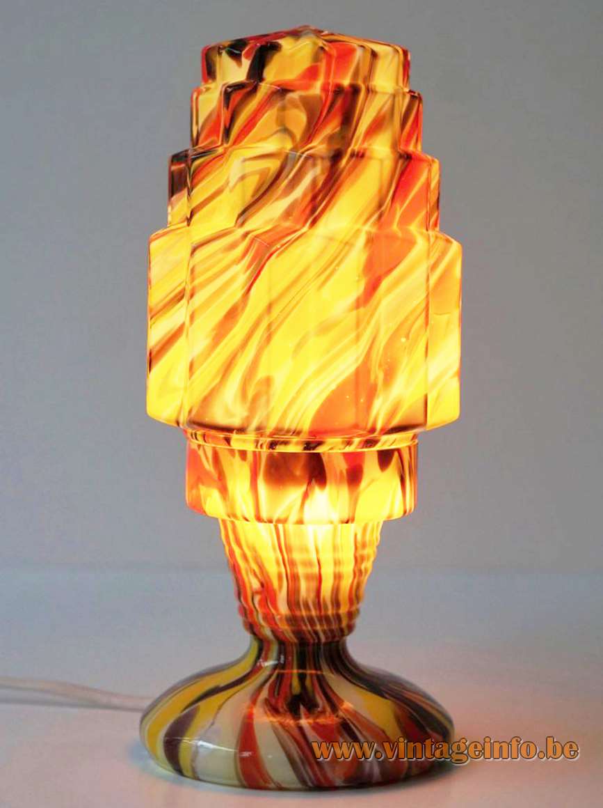 1930s Franz Tomschick table lamp art deco skyscraper coloured spatter glass Bohemia Czech Republic Welz Scialmont