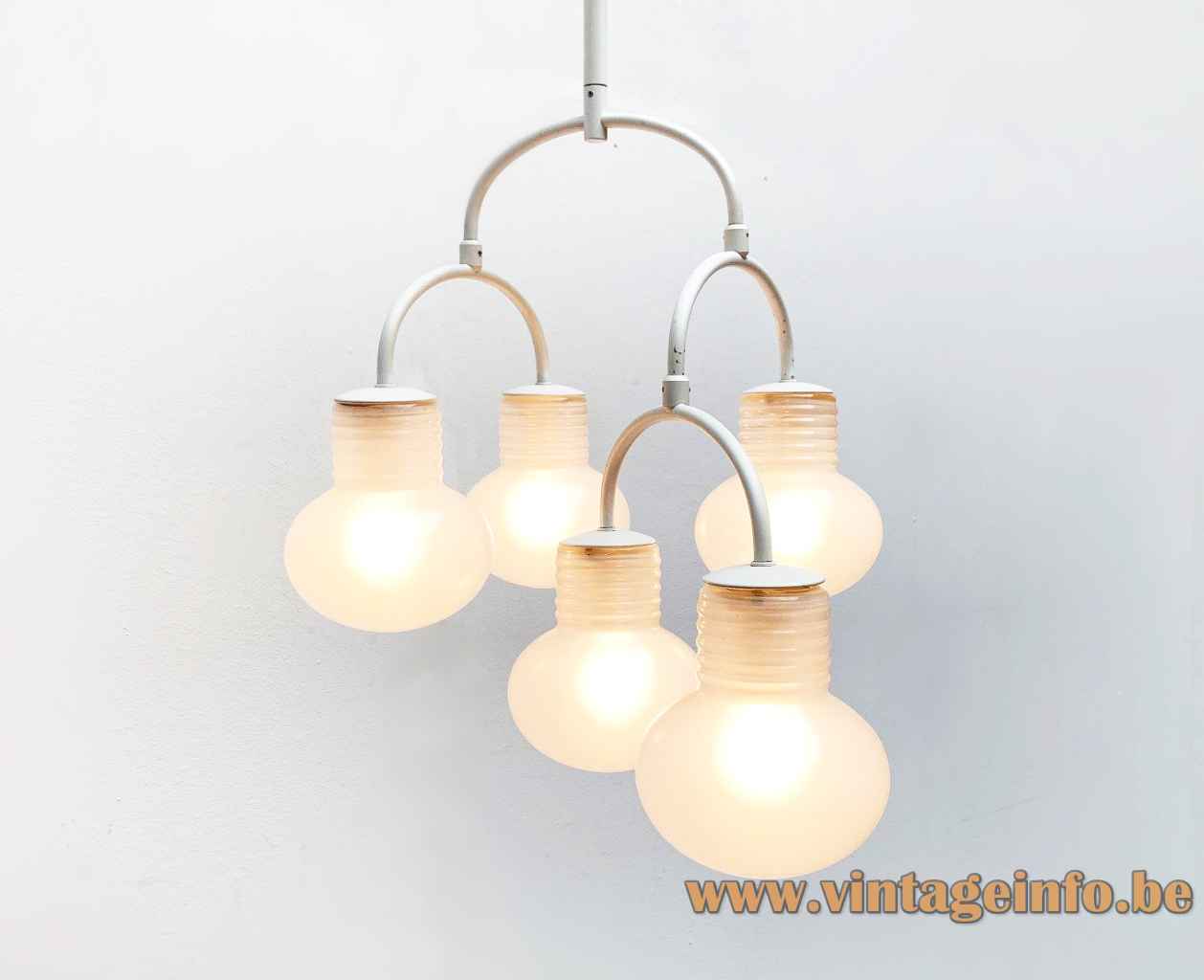 1960s Temde bulbs chandelier adjustable glass lampshades white metal rods Germany Switzerland design: Eva Renée Nele