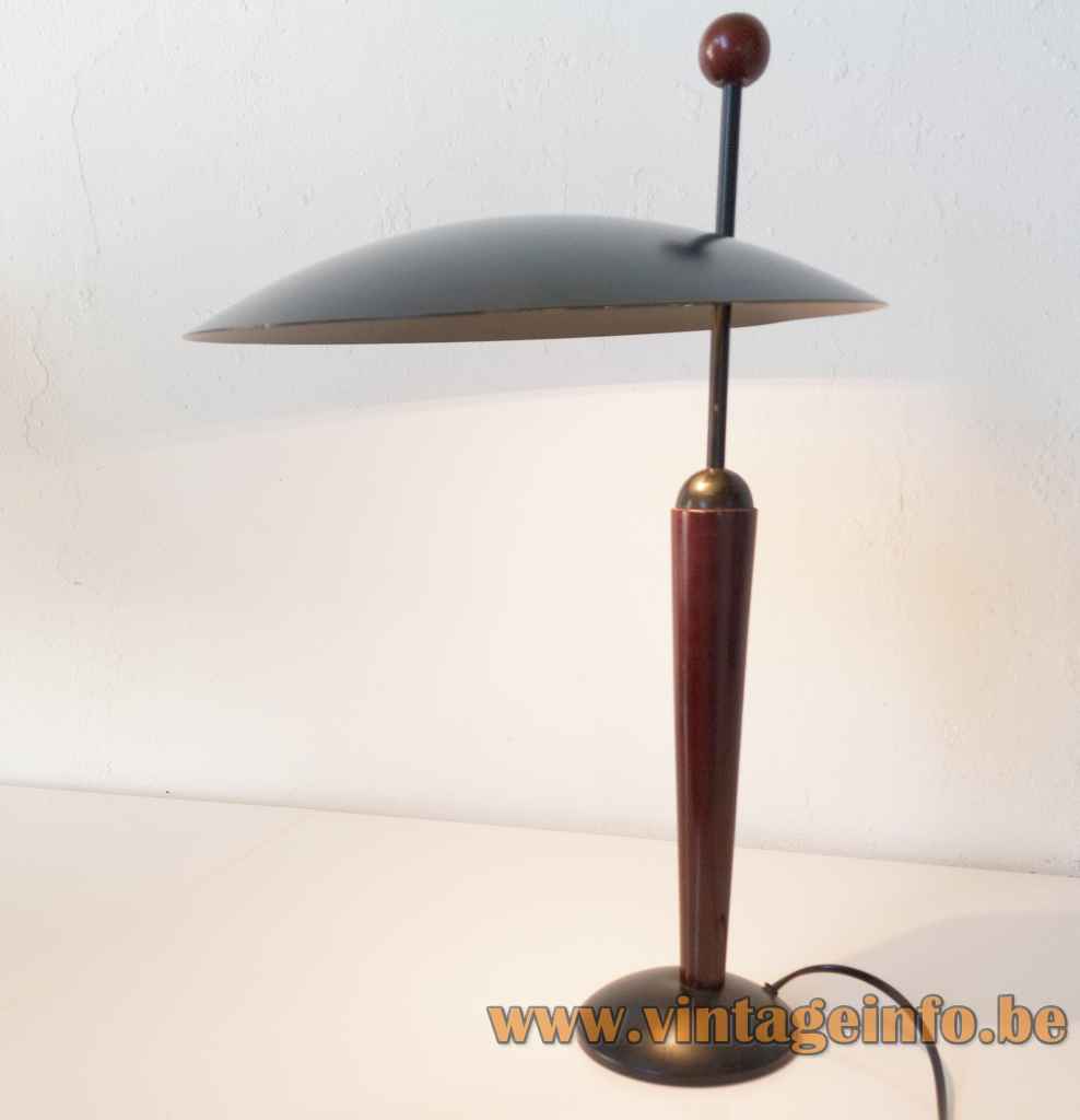 1980s Herda desk lamp round metal base wood rod disc lampshade ball handle 1990s Netherlands E14 socket