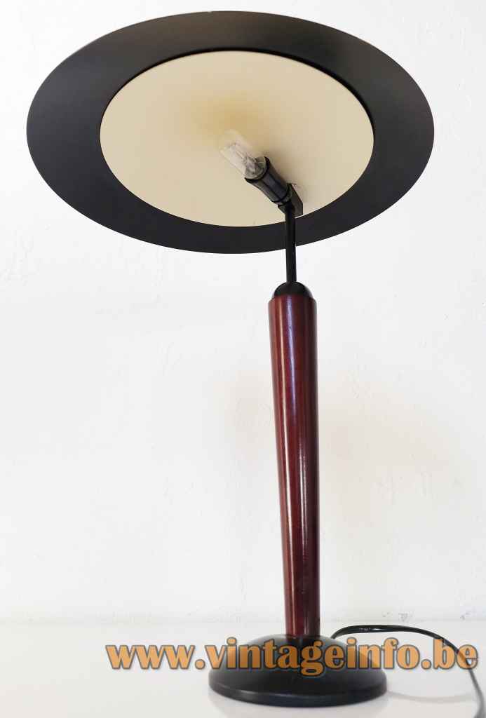 1980s Herda desk lamp round metal base wood rod disc lampshade ball handle 1990s Netherlands inside view