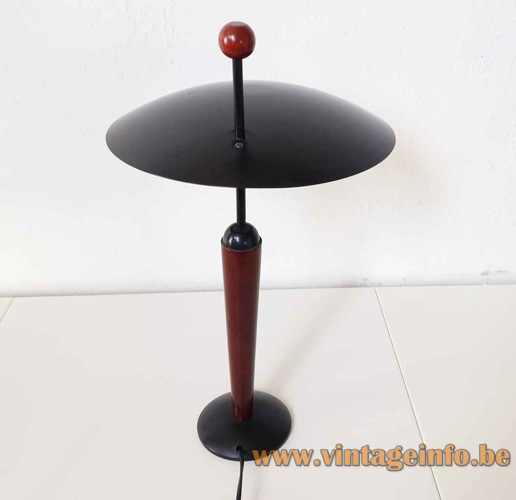 1980s Herda desk lamp round metal base wood rod disc lampshade ball handle 1990s Netherlands back view