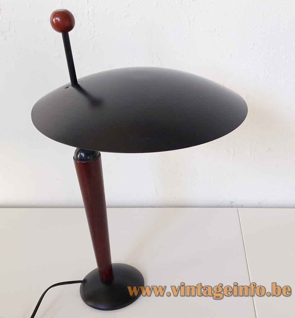 1980s Herda desk lamp round metal base wood rod disc lampshade ball handle 1990s Netherlands E14 socket