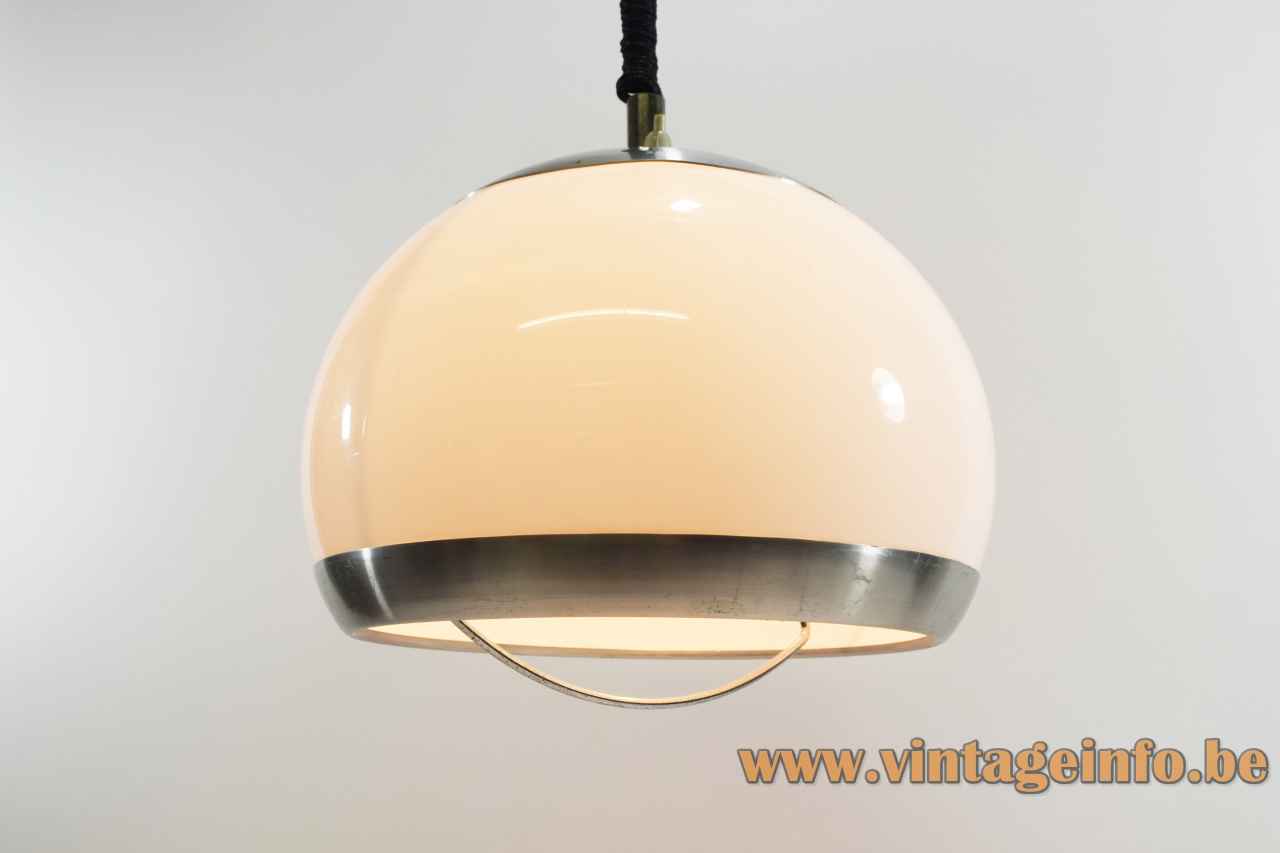 Exclusif Geve pendant lamp white acrylic lampshade aluminium metal ring rise & fall mechanism 1970s Belgium