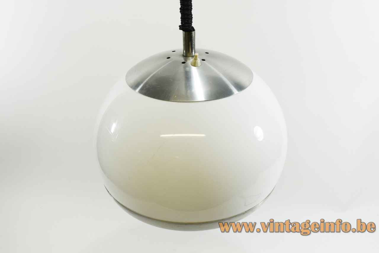 Exclusif Geve pendant lamp white acrylic lampshade aluminium metal ring switch on top 1970s Belgium