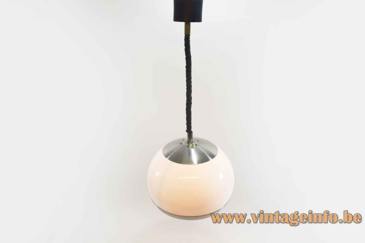 Exclusif Geve pendant lamp white acrylic lampshade aluminium metal ring rise & fall mechanism 1970s Belgium