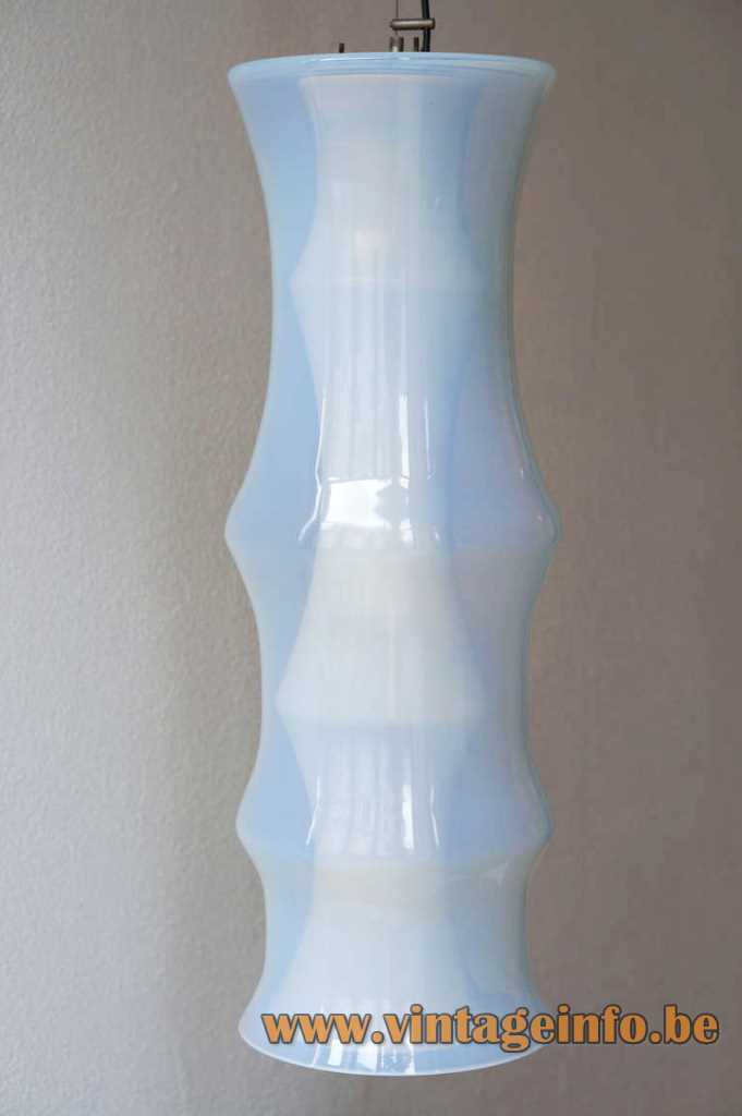 Glass bamboo pendant lamp blue translucent white milky Murano glass tube lampshade 1970s Massive Belgium Italy