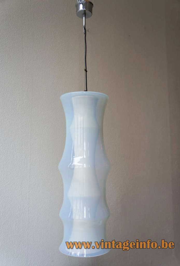 Glass bamboo pendant lamp blue translucent white milky Murano glass tube lampshade 1970s Massive Belgium Italy