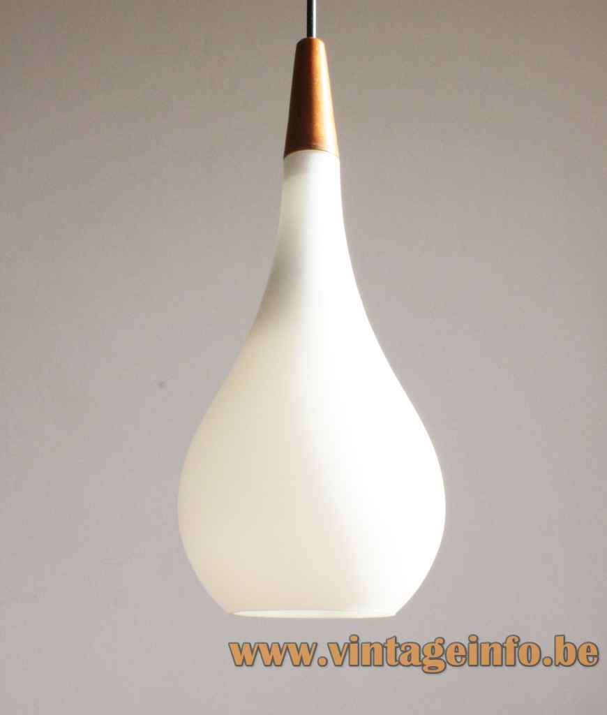 Glass drop pendant lamp white opal lampshade teak wood top 1950s 1960s Louis Poulsen Philips Nordisk