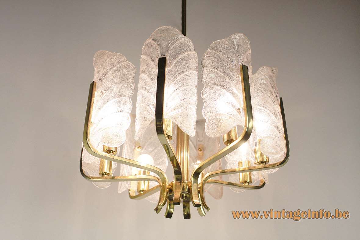 Josef Brumberg Acanthus chandelier 8 bubble glass leaves lampshades folded brass rods 1960s 1970s Germany E27 sockets