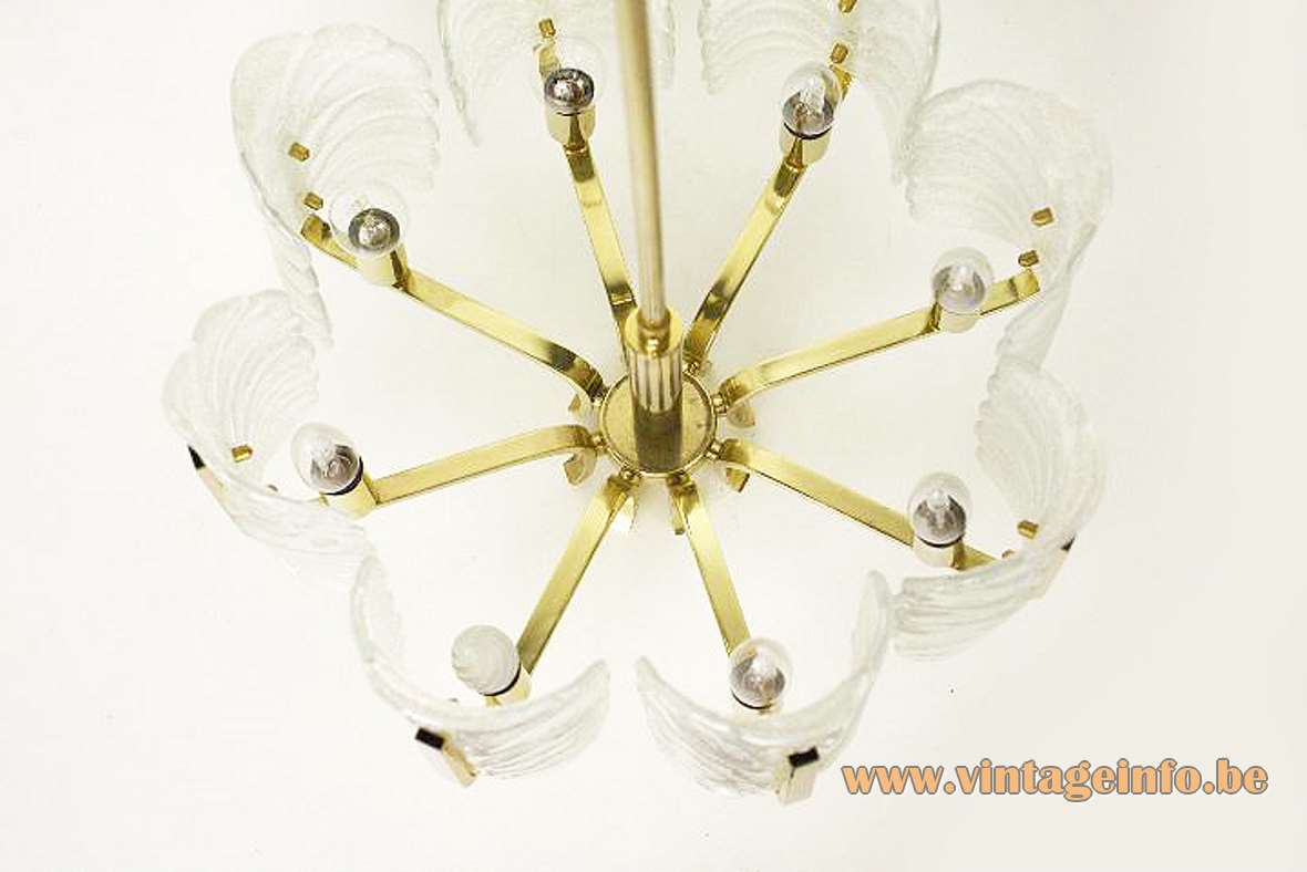 Josef Brumberg Acanthus chandelier 8 bubble glass leaves lampshades folded brass rods 1960s 1970s Germany top view