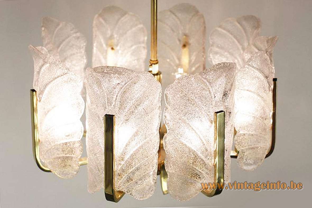 Josef Brumberg Acanthus chandelier 8 bubble glass leaves lampshades folded brass rods 1960s 1970s Germany E27 sockets