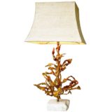 Paul Moerenhout table lamp marble base brutalist brass leaves pagoda lampshade 1970s 1980s Belgium