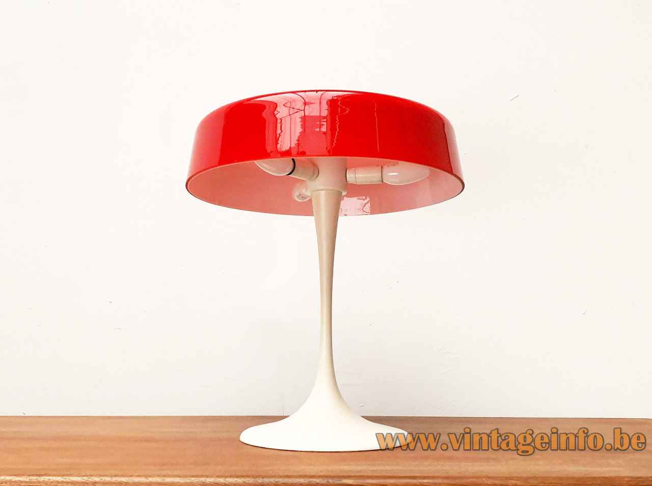 Temde mushroom table lamp white trumpet base red glass lampshade 1960s 1970s Germany Switzerland E14 sockets