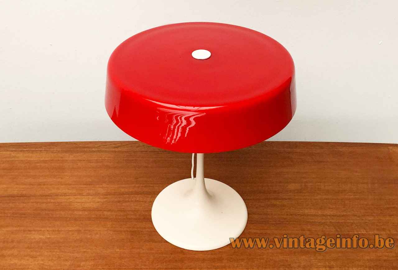 Temde mushroom table lamp white trumpet base red glass lampshade 1960s 1970s Germany Switzerland top view
