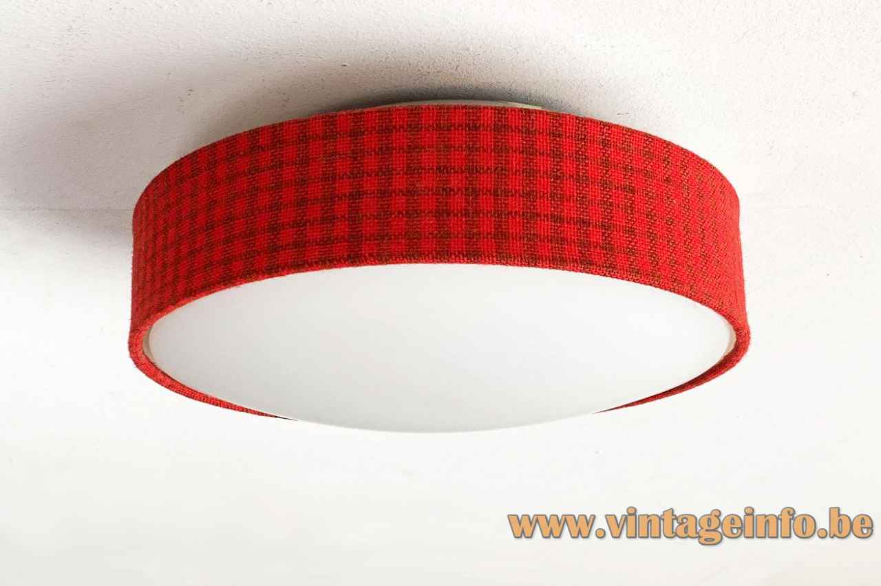 1960s Kaiser Leuchten flush mount round red fabric lampshade opal glass diffuser 1970s Germany Model 44128