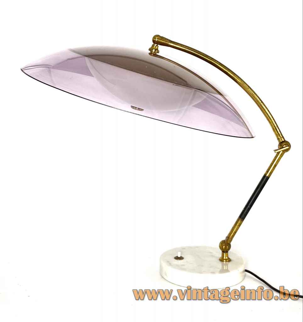 Violet acrylic Stilux desk lamp round marble base plastic mushroom adjustable lampshade brass rods 1950s Italy