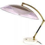 Violet acrylic Stilux desk lamp round marble base plastic mushroom adjustable lampshade brass rods 1950s Italy
