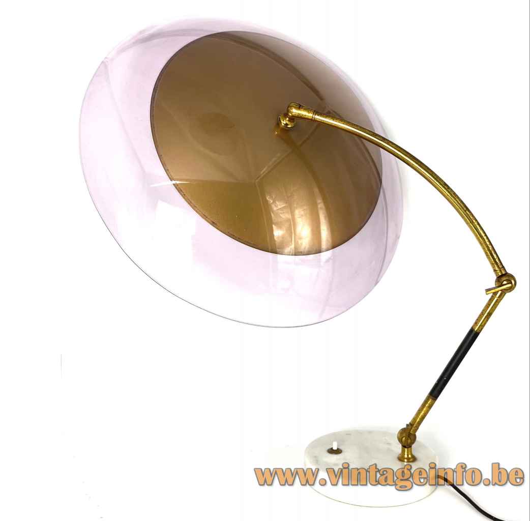 Violet acrylic Stilux desk lamp round marble base plastic mushroom lampshade brass rods 1950s Italy top