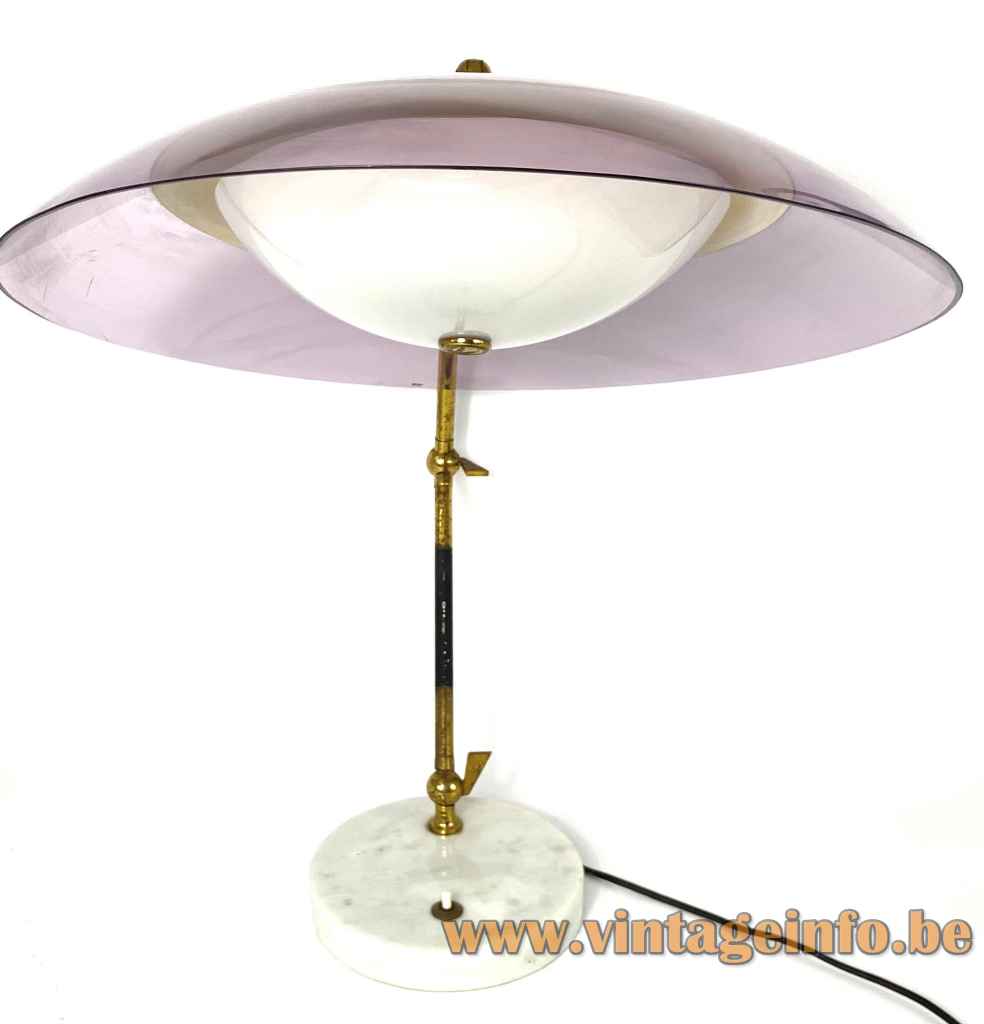 Violet acrylic Stilux desk lamp round marble base plastic mushroom lampshade brass rods 1950s Italy front