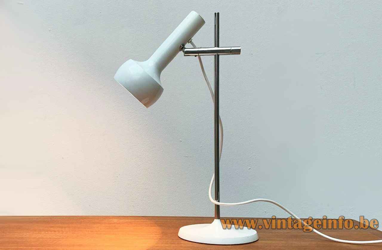 1960s Swisslamps desk lamp round base chrome rods adjustable elongated lampshade design: SLZ Team 1970s Switzerland