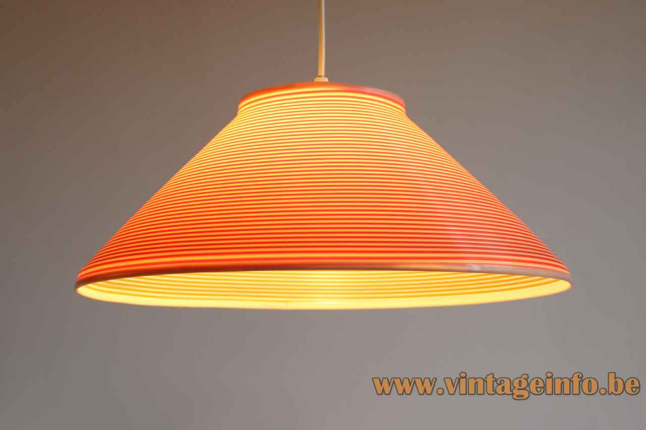 Conical Rotaflex pendant lamp red & white striped plastic lampshade 1960s design: John & Sylvia Reid United Kingdom 