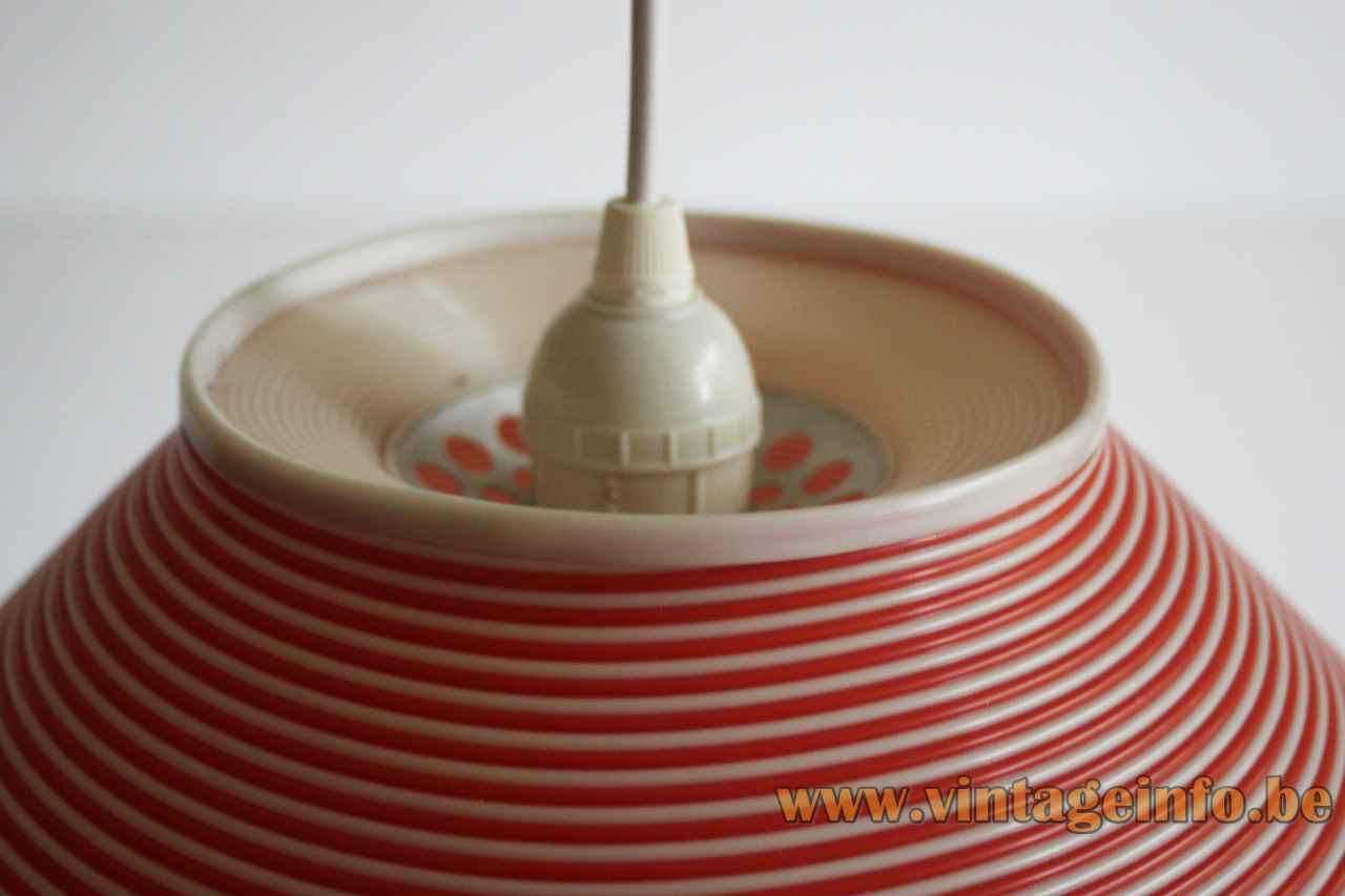 Conical Rotaflex pendant lamp red & white striped plastic lampshade top view E27 socket