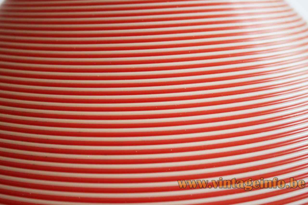 Conical Rotaflex pendant lamp red & white striped plastic lampshade close up 1960s