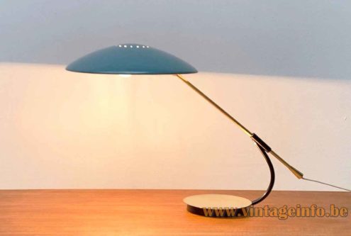 Kaiser Leuchten desk lamp 6775 round metal base adjustable rod perforated mushroom lampshade 1950s 1960s Germany