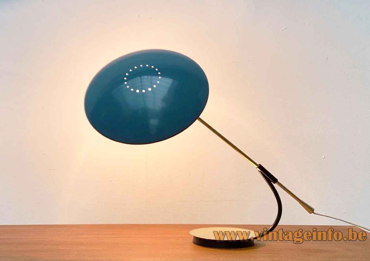 Kaiser Leuchten desk lamp 6775 round metal base adjustable rod perforated blue mushroom lampshade top view 
