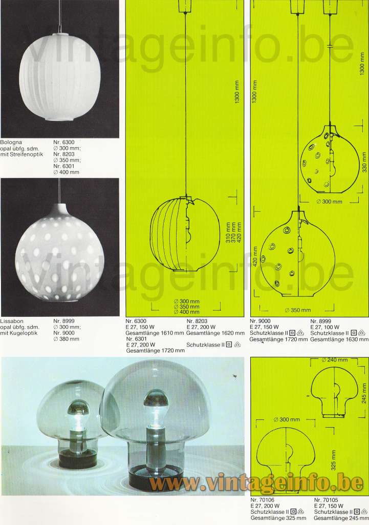 Peill + Putzler Lissabon pendant lamp 1976 catalogue picture + Bologna + table lamp