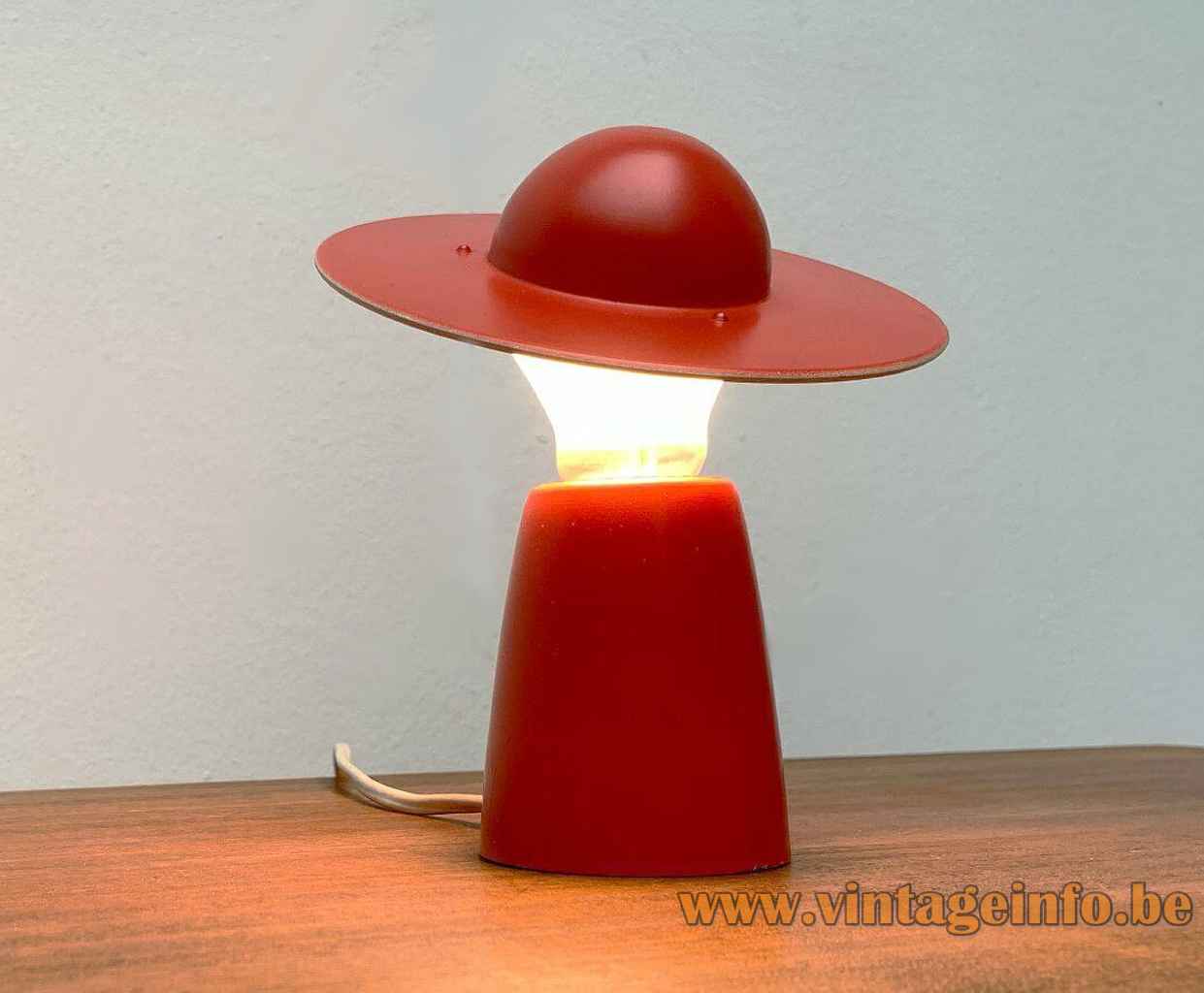 Temde hat table lamp red conical metal base bowler lampshade 1950s 1960s Germany Switzerland E27 socket