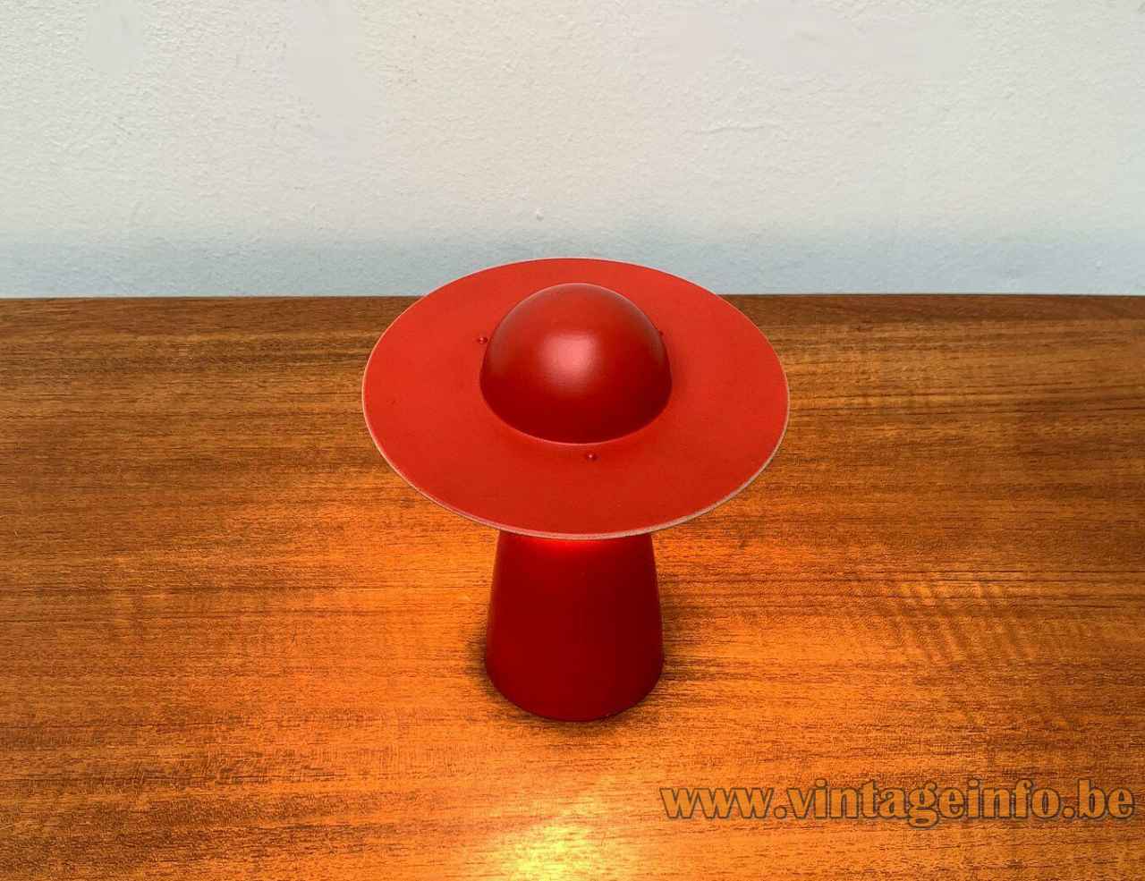 Temde hat table lamp red conical metal base bowler lampshade 1950s 1960s Germany Switzerland top view
