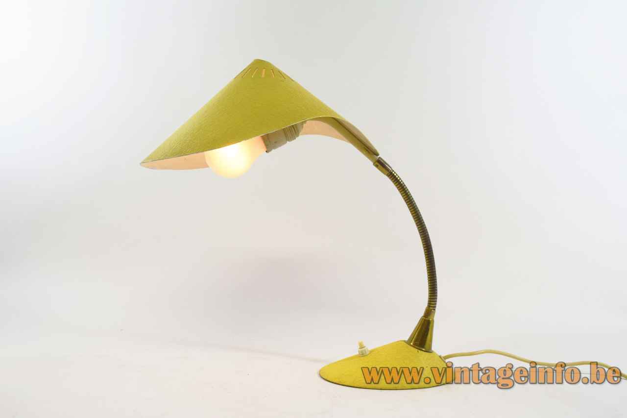 1950s cobra desk lamp cast iron oval base brass gooseneck folded aluminium lampshade Cosack Leuchten Germany