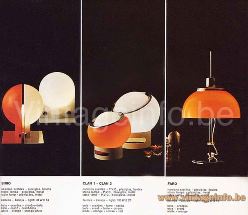 Harvey Guzzini Clan table lamp 1970s catalogue picture + Sirio table lamp & Faro table lamp