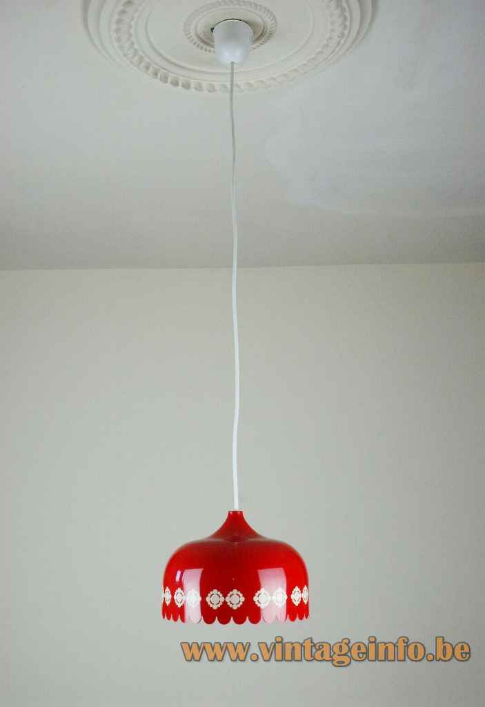 Fog & Mørup Markise pendant lamp round red & white enamelled metal lampshade 1960s Denmark P. Reinhard design