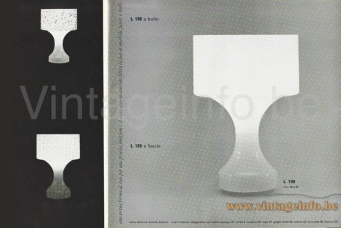 Vistosi Sebenica Table Lamp – Catalogue Picture Vistosi Sebenica table lamp 1960s catalogue picture models: L 189, L 190, several designs & colours 1965 design: Enrico Capuzzo