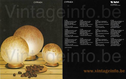 VeArt globe table lamp Cypraea 1970s catalogue picture 3 models/sizes: VT262, VT263, VT264 transparent glazed glass aventurine spot