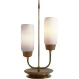 Ribbed glass table lamp round wood base brass arrow 2 opal glass lampshades 1950s 1960s Massive