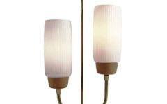 Ribbed glass table lamp round wood base brass arrow 2 opal glass lampshades 1950s 1960s Massive
