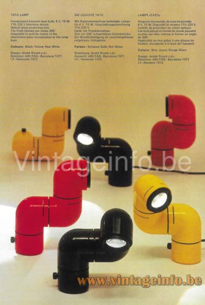 Metalarte Tatù table lamp 1973 catalogue picture design: André Ricard colours: black yellow red white 