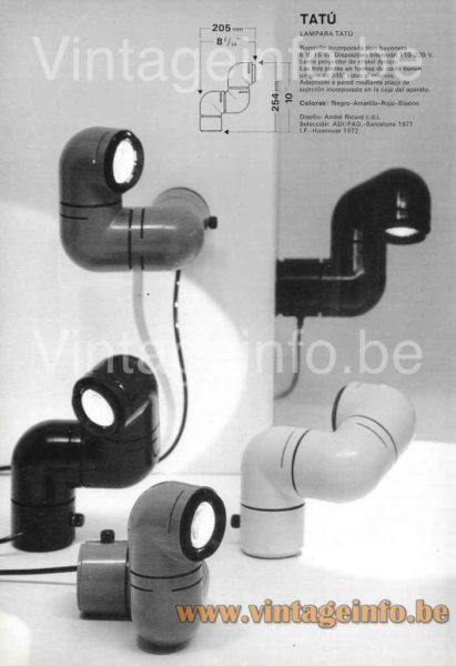 Metalarte Tatù table lamp 1973 catalogue picture design: André Ricard colours: black yellow red white 
