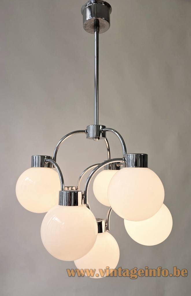 Boulanger Opal Globes Chandelier – Massive Version Boulanger opal globes chandelier Massive version with 6 spheres and a chrome frame 1970s Belgium