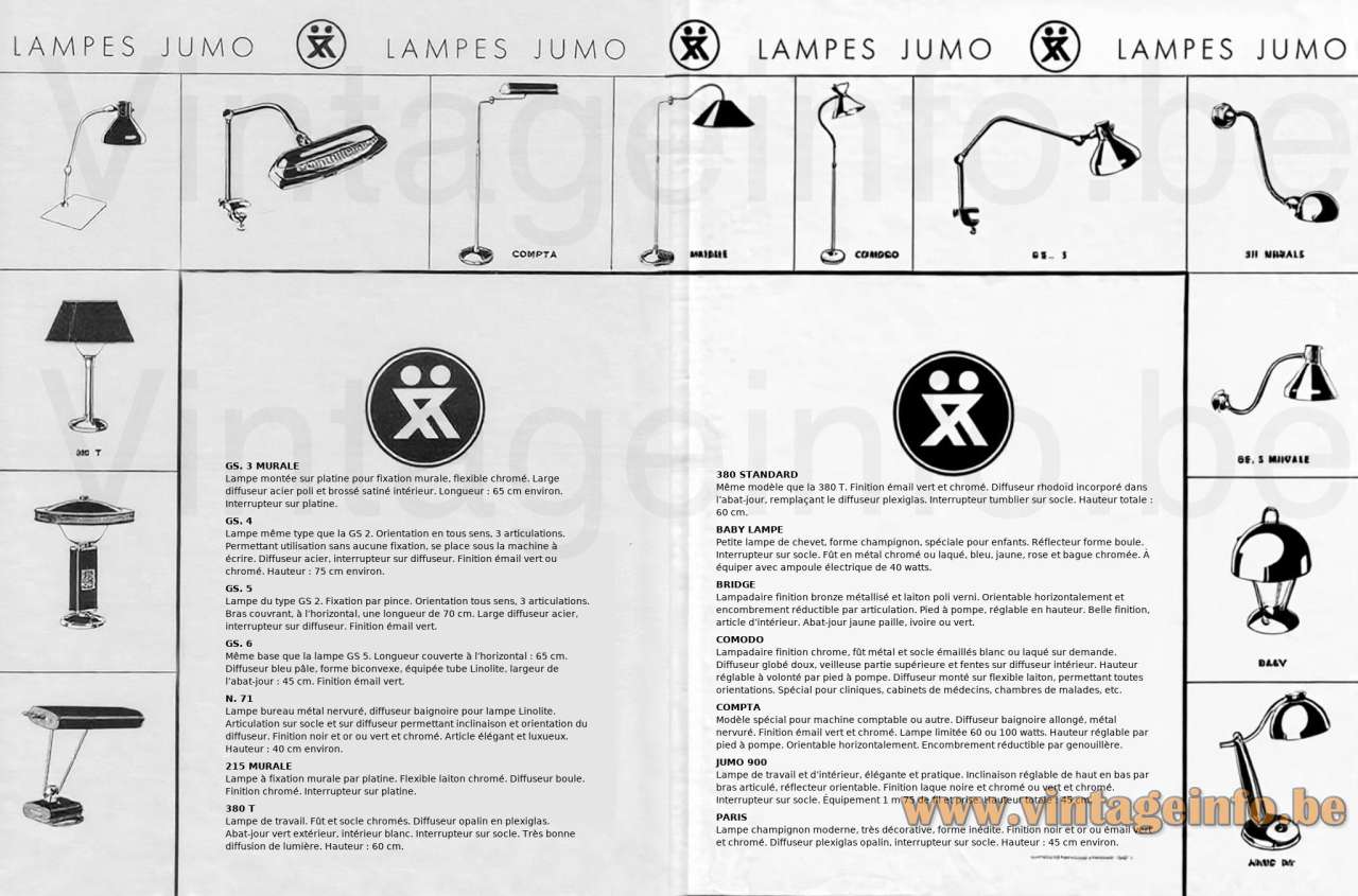 JUMO Model 71 desk lamp catalogue picture models: GS3 GS4 GS5 GS6 N71 215 380T BABY LAMPE BRIDGE COMODO COMPTA 90 PARIS