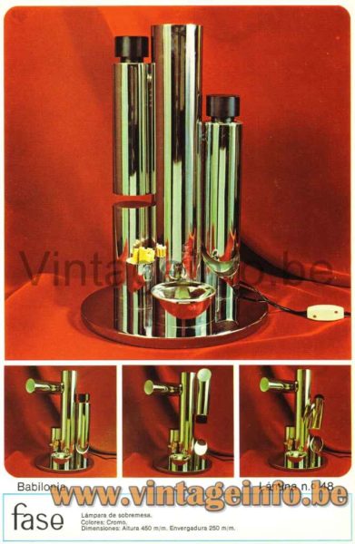 Fase Babilonia table lamp 1974 catalogue picture adjustable chrome tubes lampshades Madrid Spain 1970s